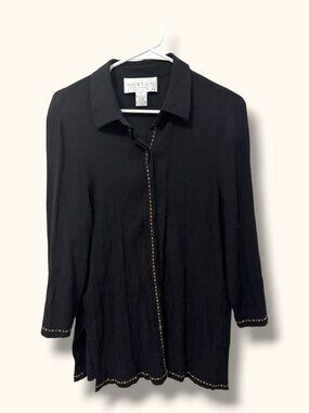 Norton Studio Top Women L Black Crinkle Button Front Gold Embroidery Long Sleeve